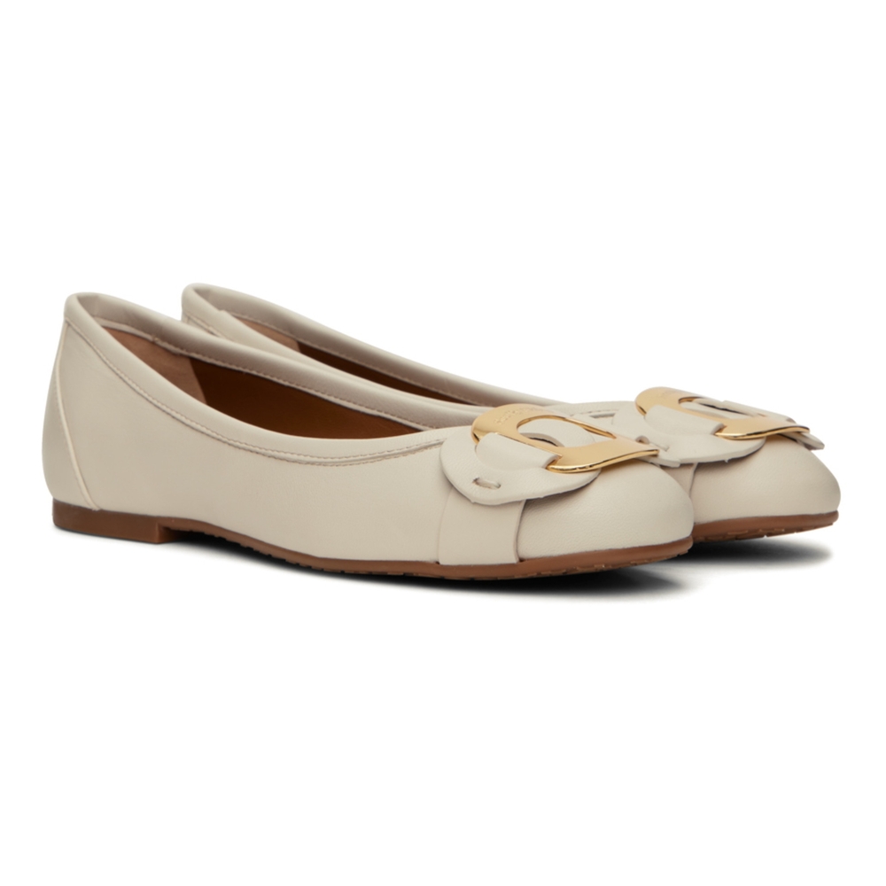 See By Chloe Cream Leather Buckle Flats with Gold Hardware